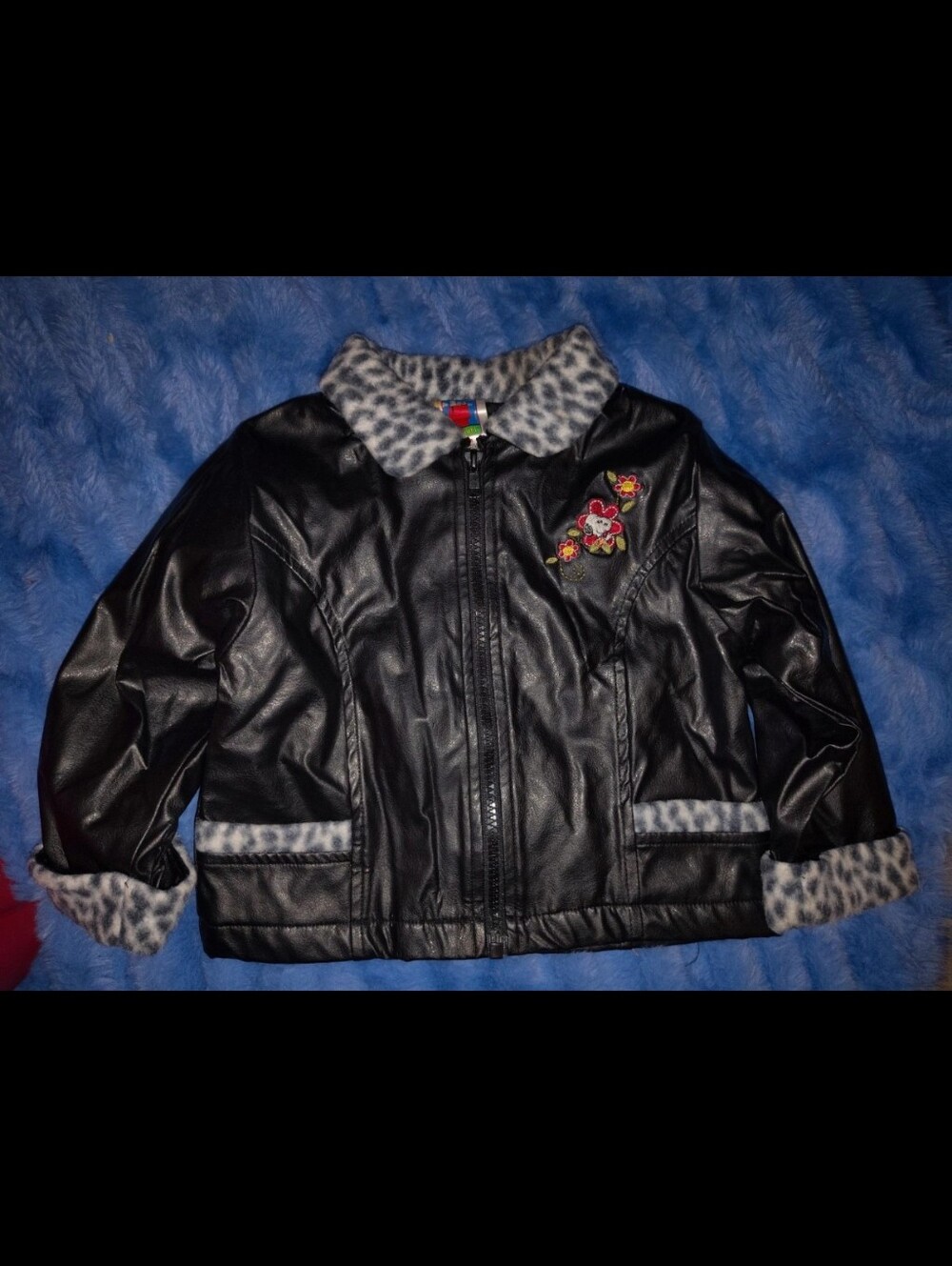 Peanuts Black Faux Leather Jacket with Gray Leopard Trim